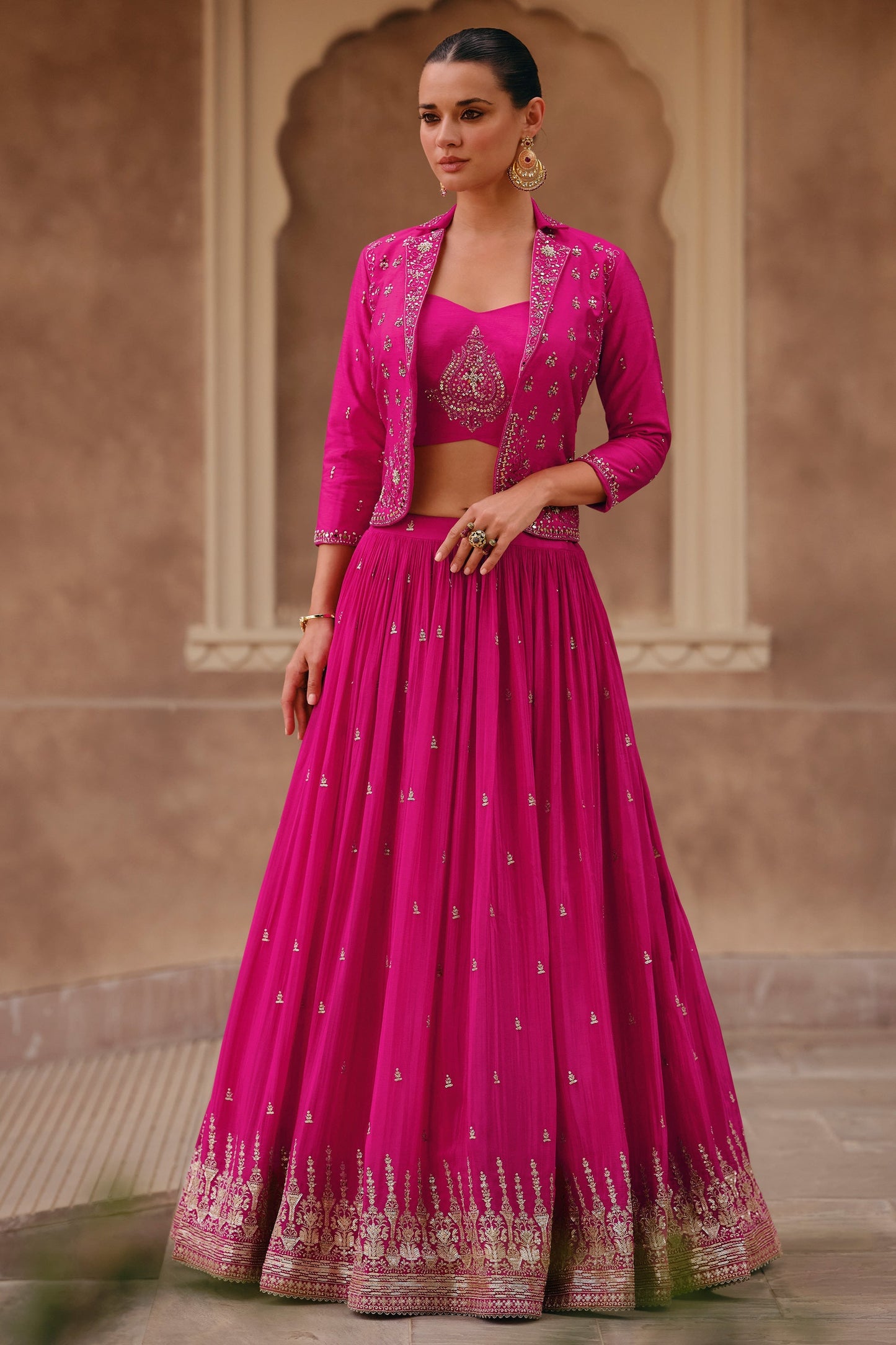 Chinon Fabric Embroidered Rani Color Readymade Indo Western Lehenga With Jacket