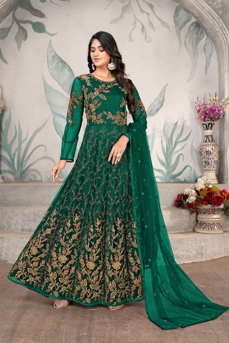 slim fit dress slacks Dark Green Color Net Fabric Awesome Anarkali Suit For Function