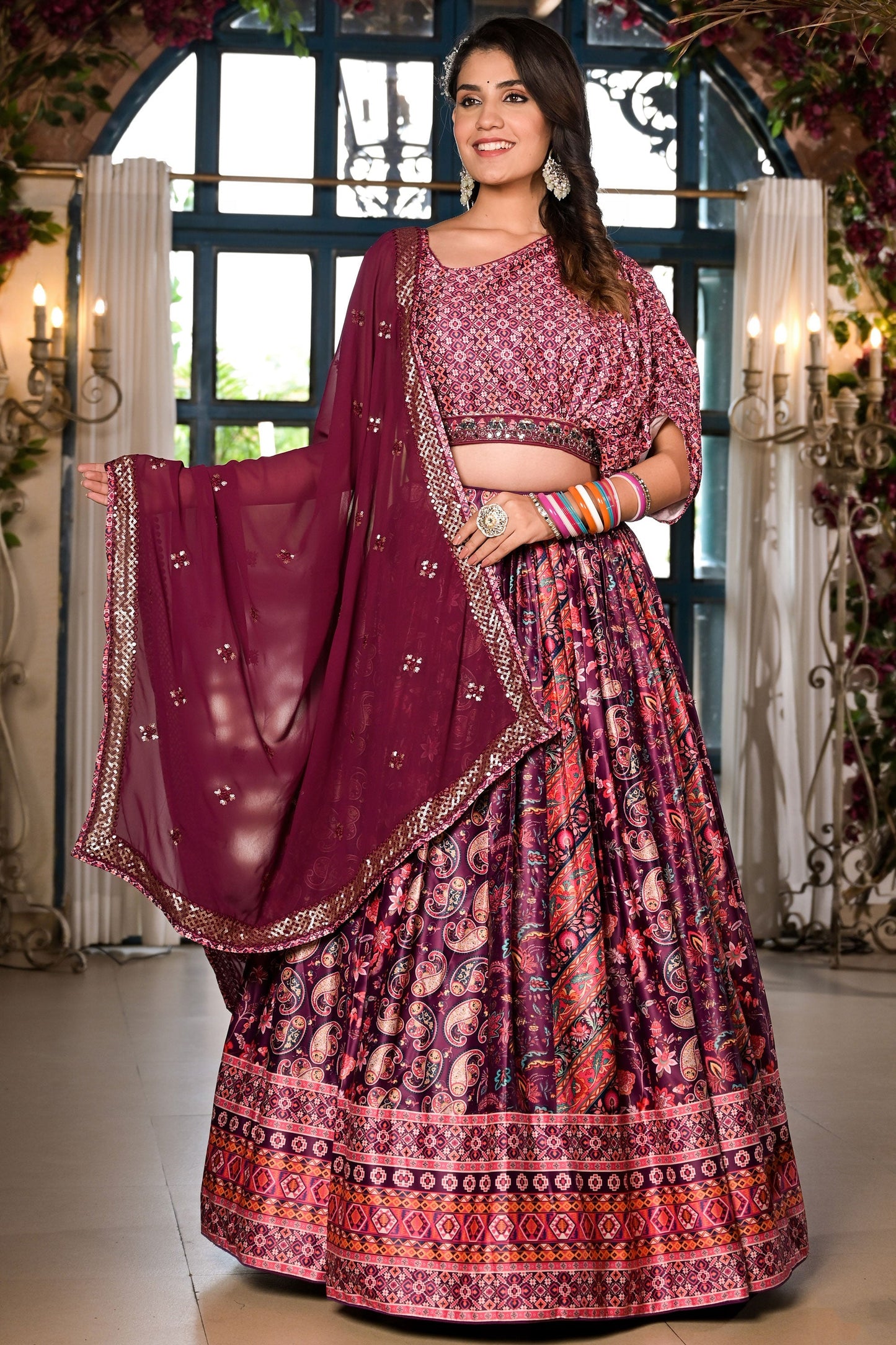 Wine Satin Fabric Occasion Wear Printed Readymade Lehenga Choli