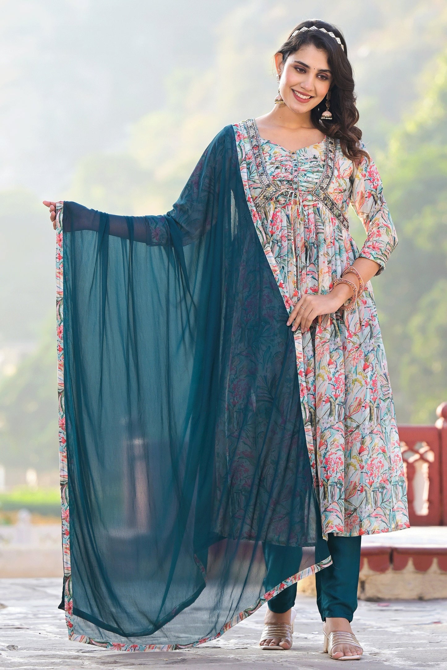 Printed Work On Multi Color Georgette Fabric Princely Anarklai Suit