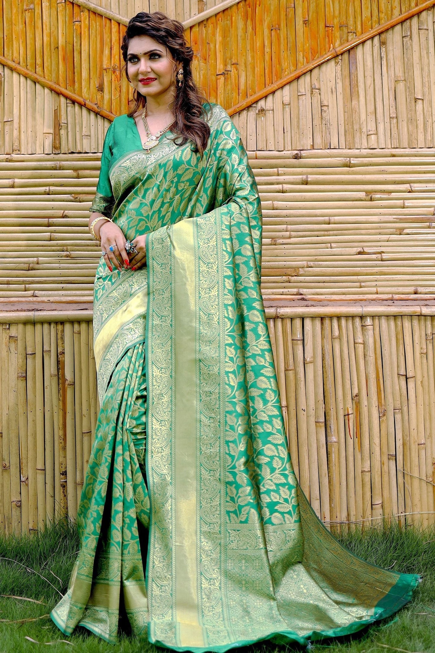 Creative Weaving Work On Green Color Banarasi Silk Saree