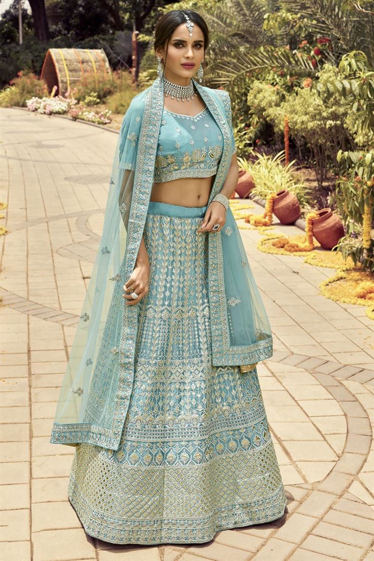 Exclusive Cyan Color Embroidered Wedding Wear Lehenga Choli In Organza Fabric