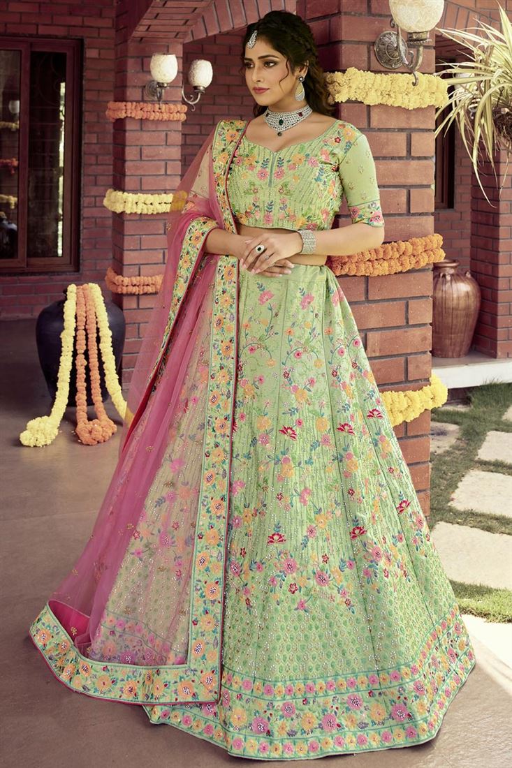 Exclusive Sea Green Color Wedding Wear Art Silk Fabric Embroidered Lehenga Choli