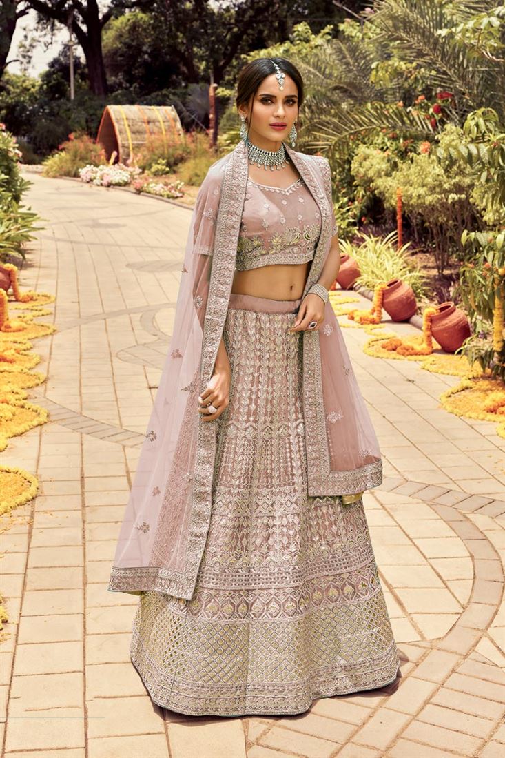 Exclusive Art Silk Fabric Peach Color Designer Bridal Lehenga With Embroidered Work