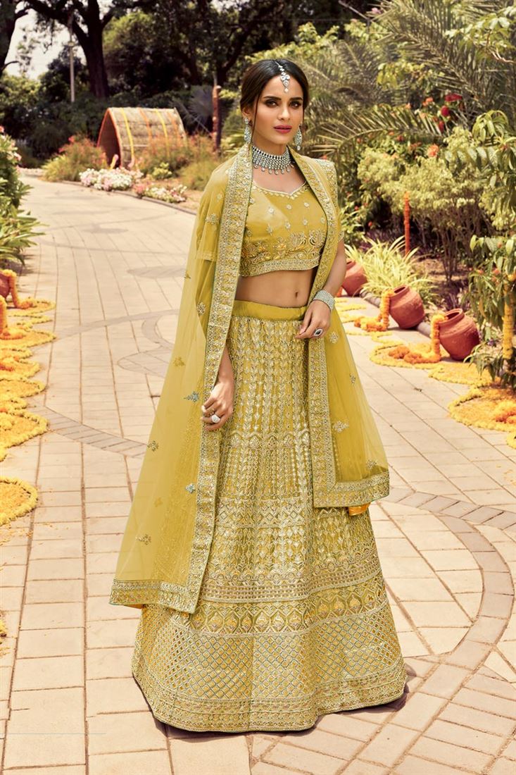 Exclusive Yellow Color Embroidered Work On Art Silk Fabric Wedding Wear Stunning Bridal Lehenga