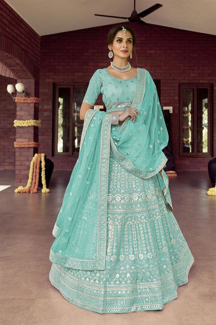 Exclusive Art Silk Fabric Cyan Color Engaging Bridal Lehenga With Embroidered Work