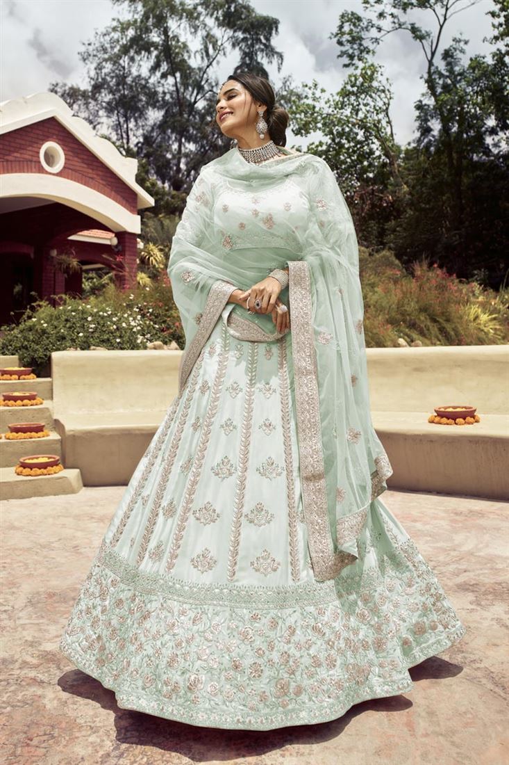 Exclusive Elegant Light Cyan Color Art Silk Fabric Designer Bridal Lehenga With Embroidered Work