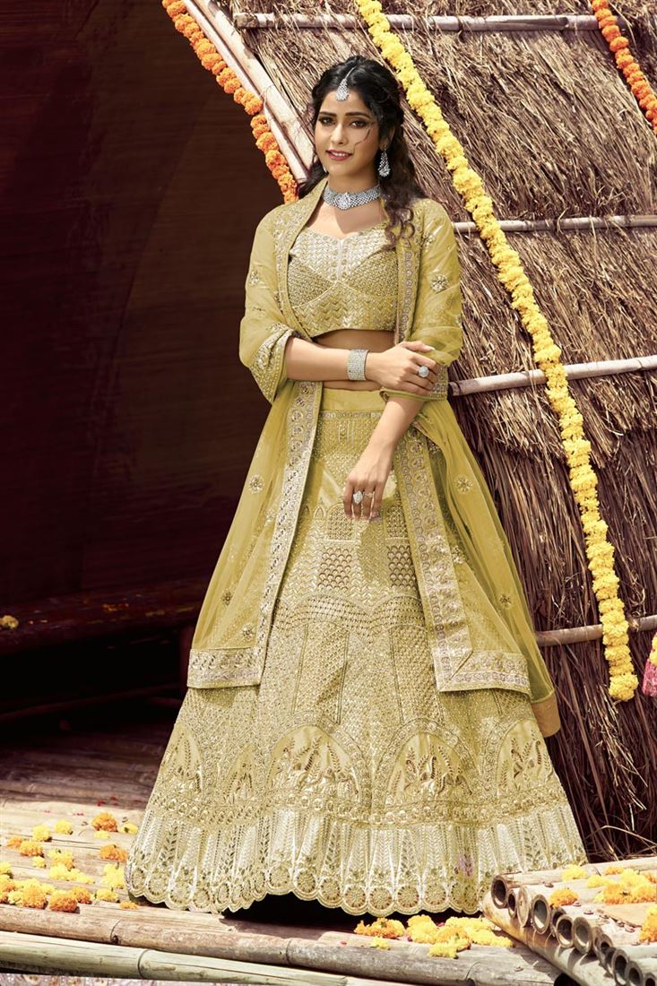 Exclusive Radiant Embroidered Work On Yellow Color Art Silk Fabric Wedding Wear Bridal Lehenga