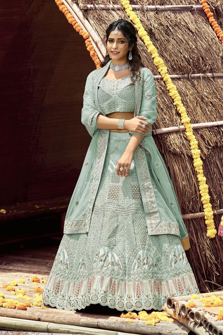 Exclusive Cyan Color Embroidered Work On Art Silk Fabric Wedding Wear Stunning Bridal Lehenga