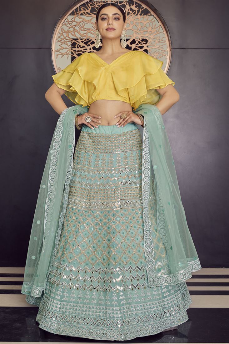 Exclusive Classic Embroidered Work On Sea Green Color Sangeet Wear Lehenga In Organza Fabric