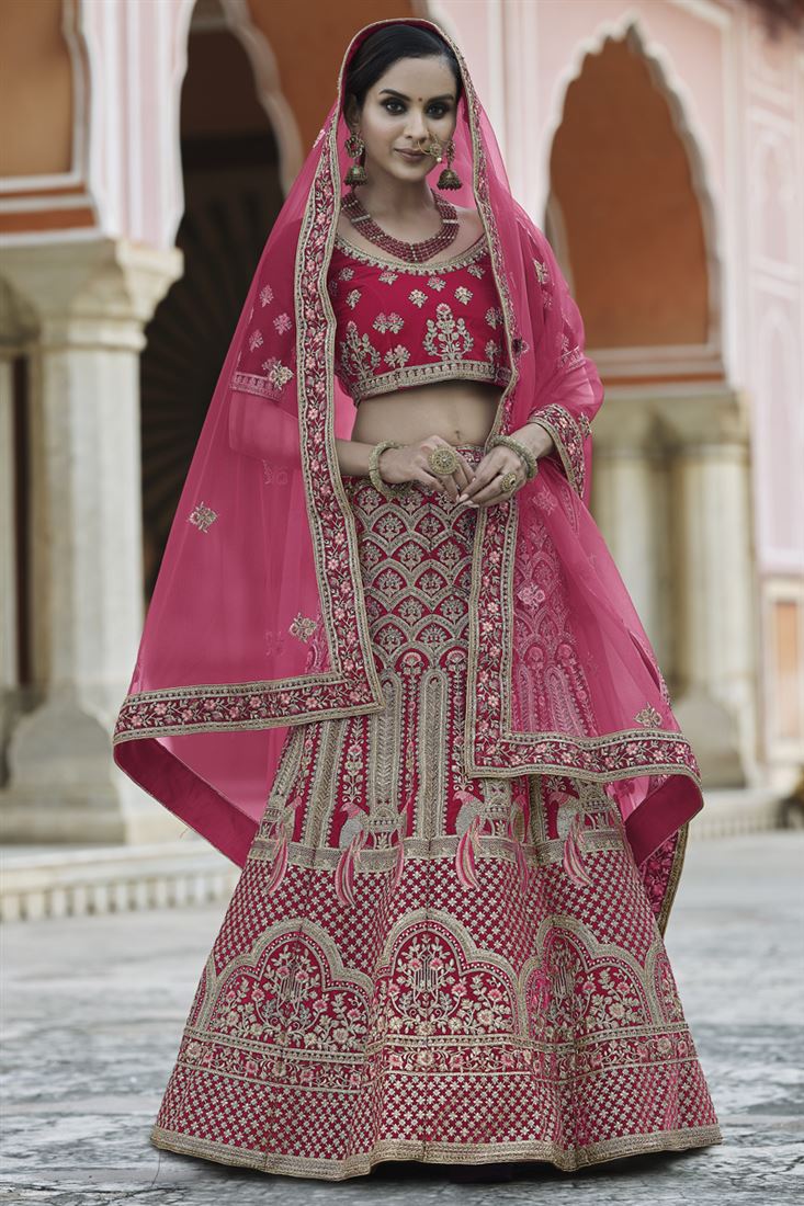 Exclusive Pink Color Velvet Fabric Designer Embroidered Wedding Wear Lehenga Choli