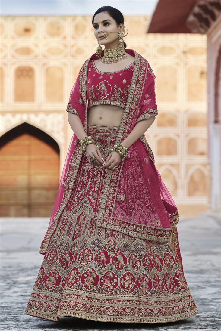Exclusive Embroidered Pink Color Wedding Wear Fancy Lehenga Choli In Velvet Fabric
