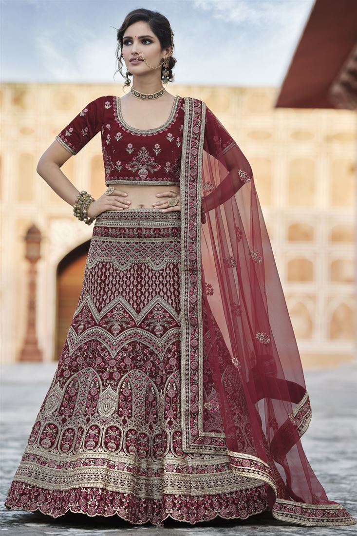 Exclusive Wedding Wear Velvet Designer Heavy Embroidered Lehenga Choli In Maroon Color