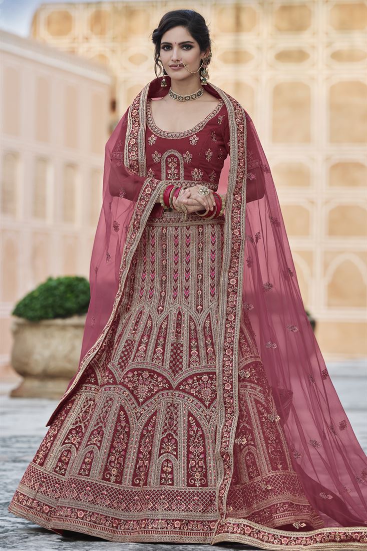 Exclusive Maroon Color Wedding Wear Velvet Fabric Designer Embroidered Lehenga Choli