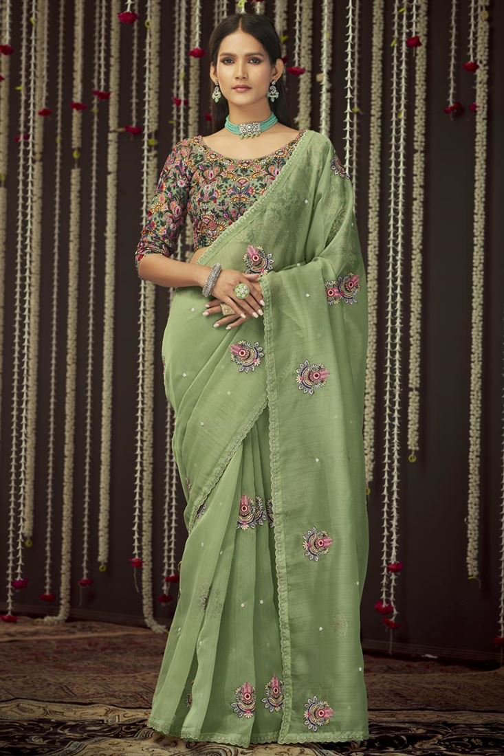 Organza Fabric Sea Green Color Party Wear Majestic Border Work Saree