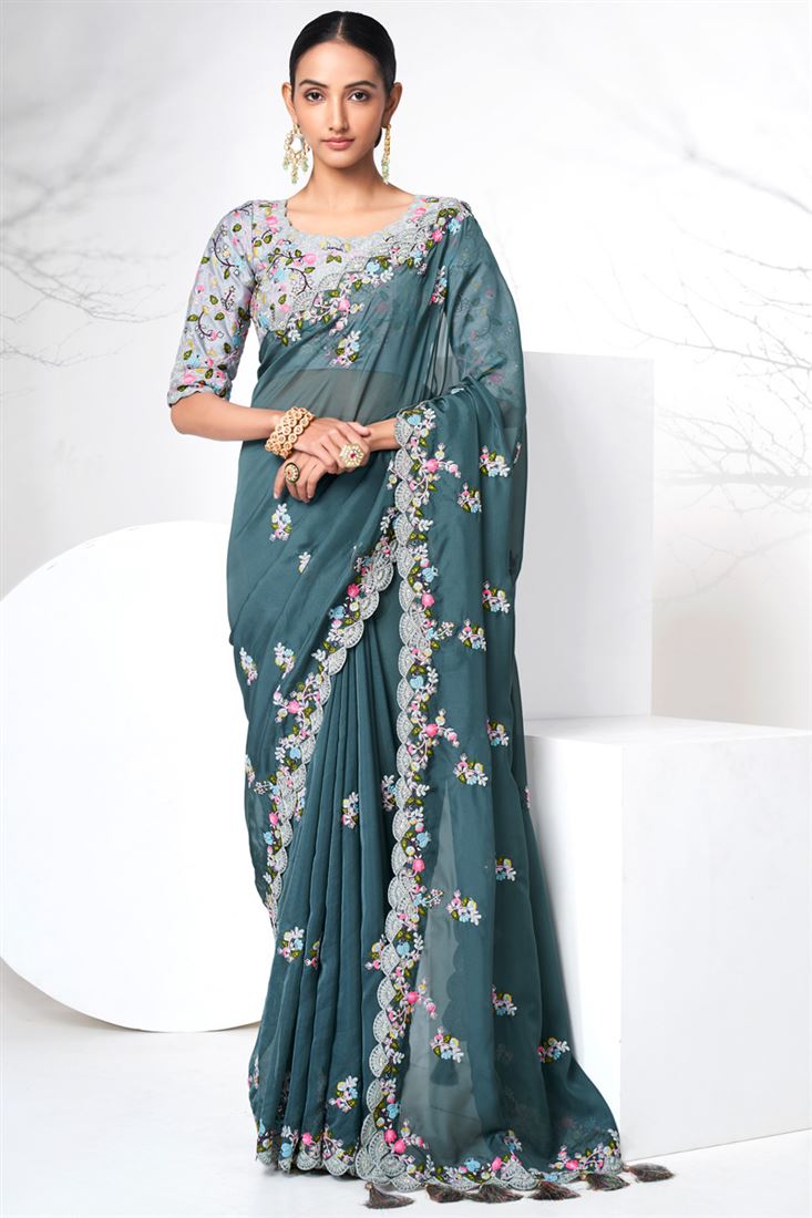 Teal Color Organza Fabric Tempting Function Look Saree