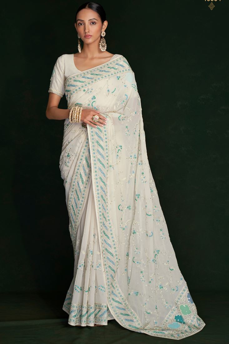 Beautiful White Georgette Saree with Lucknowi Work