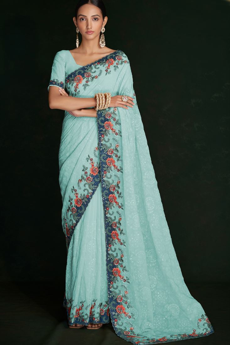 Classic Cyan Georgette Saree with Delicate Lucknowi Work