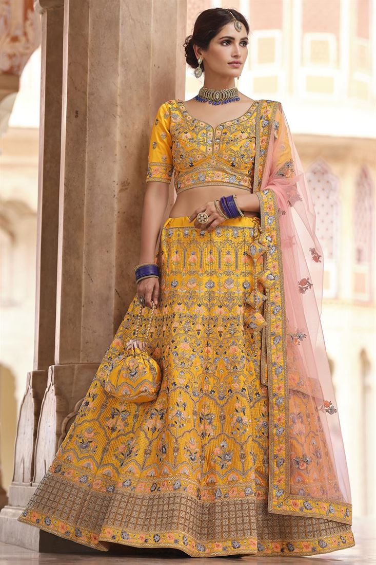 Exclusive Function Wear Yellow Embroidered Lehenga Choli In Crepe