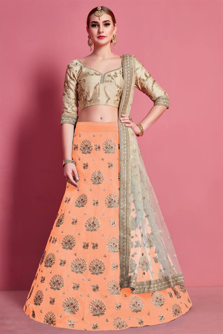 एक्सक्लूसिव पीच कलर आर्ट सिल्क फैब्रिक वेडिंग वियर लेहेंगा चोली