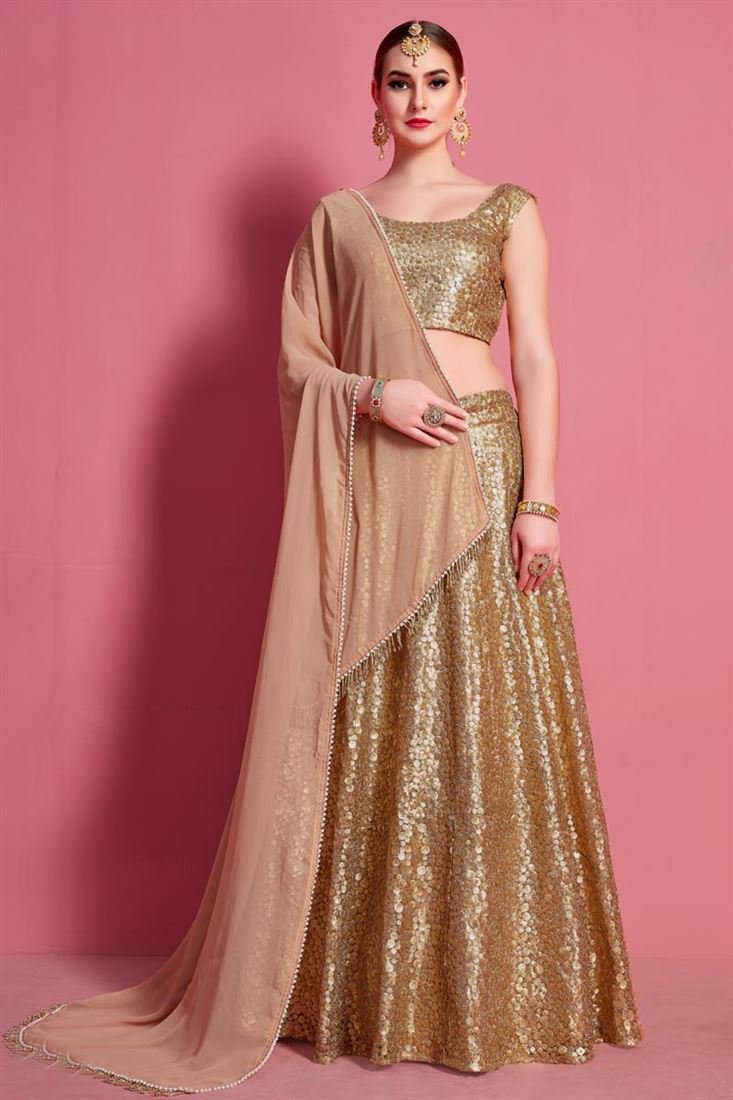 एक्सक्लूसिव बेज कलर नेट फैब्रिक एम्ब्रॉयडरी वर्क वेडिंग वियर लहंगा चोली