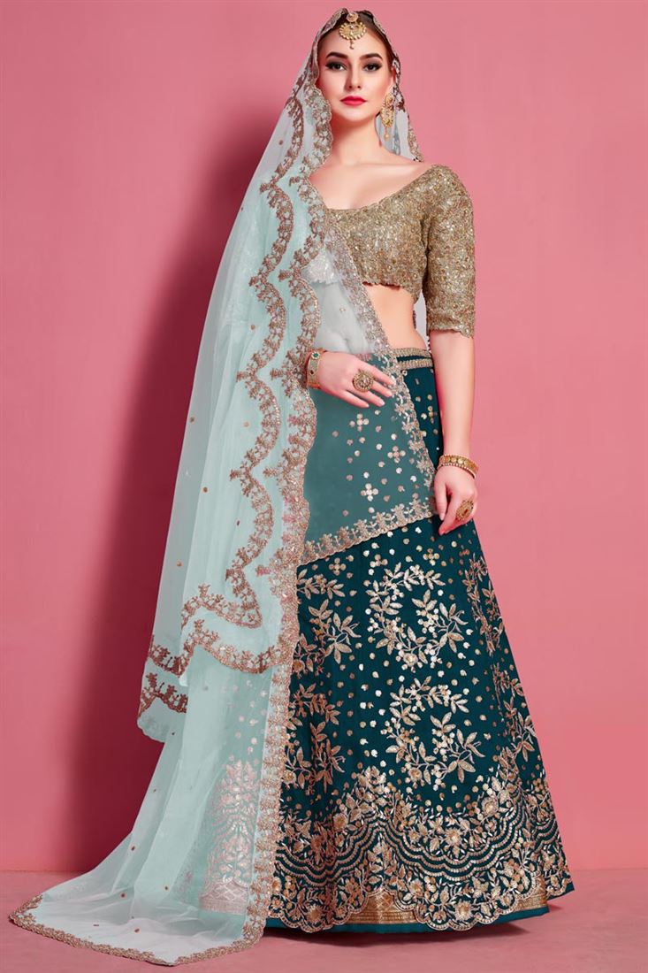 विशेष कढ़ाई कार्य अवसर पहनने लेहंगा चैती रंग में