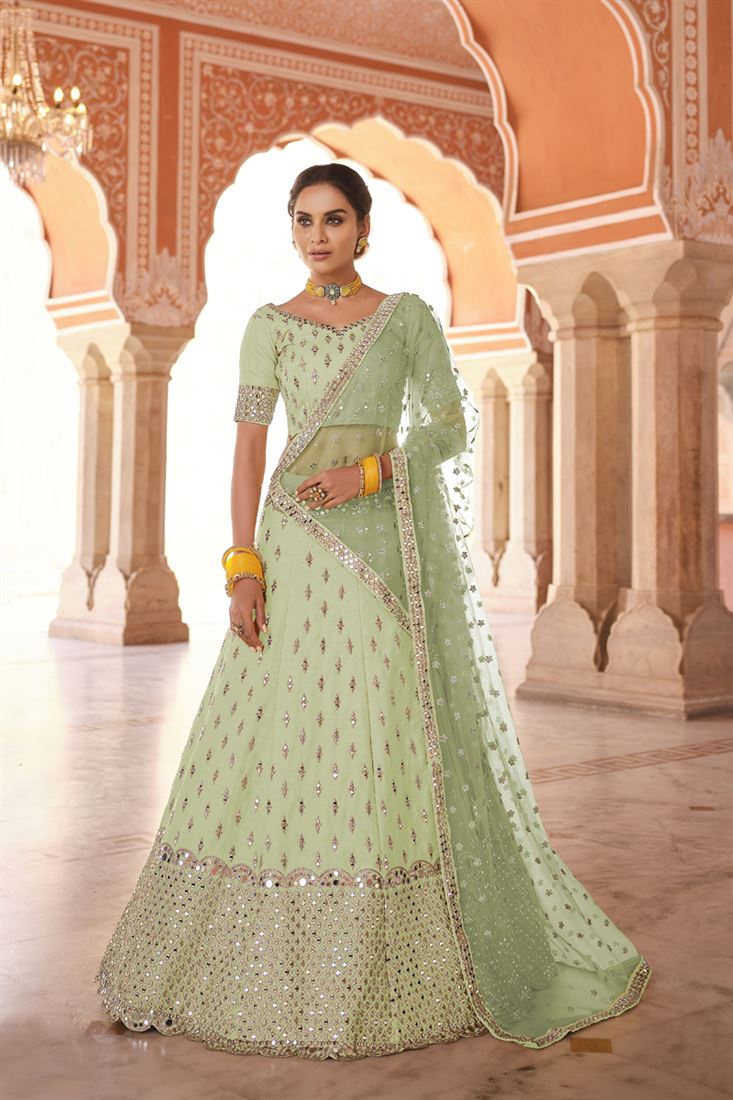 विशेष शानदार समुद्री हरा आर्ट सिल्क फैब्रिक रिसेप्शन वियर लेहेंगा चोली