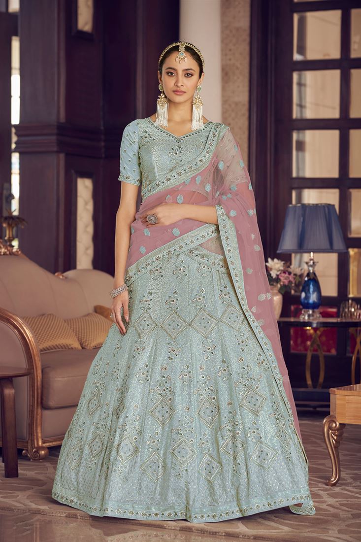 Exclusive Marvelous Cyan Color Crepe Fabric Lehenga Choli With Net Dupatta