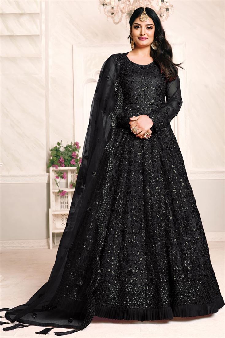 Black Color Net Fabric Embroidery Work Function Wear Anarkali Suit