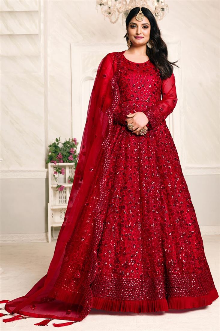Net Fabric Embroidery Work Wedding Wear Designer Anarkali Suit In Red Color