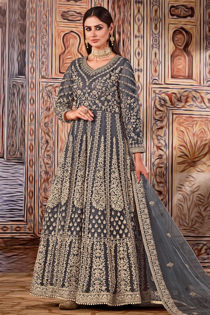 Grey Color Festive Wear Embroidered Net Fabric Anarkali Salwar Kameez