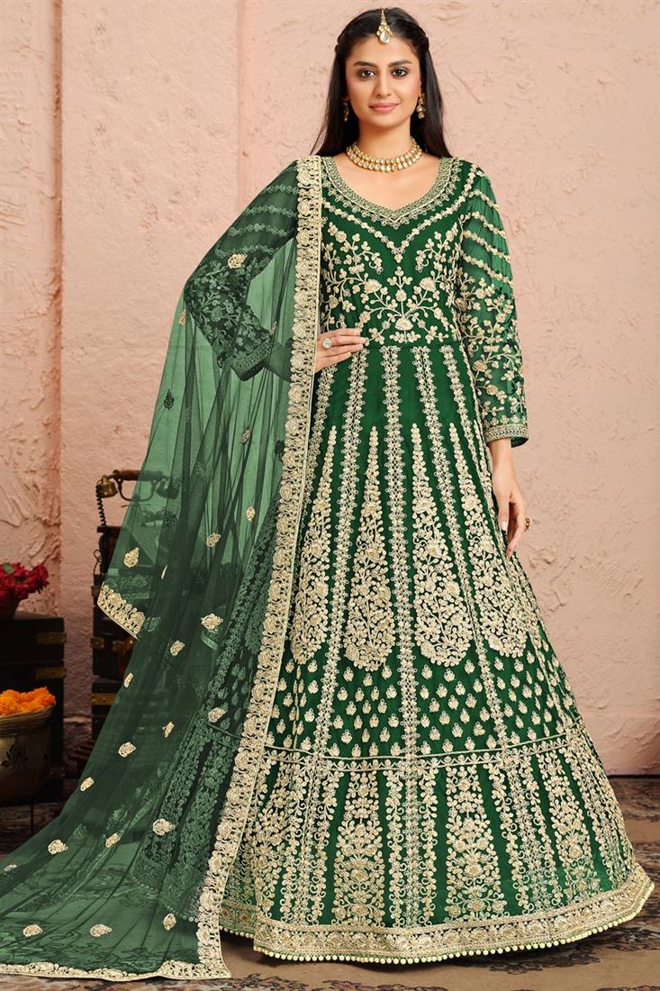 Dark Green Color Function Wear Embroidered Net Fabric Designer Anarkali Suit