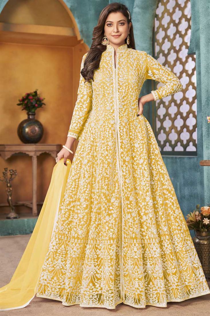 Function Wear Net Fabric Ingenious Embroidered Work Anarkali Suit In Yellow Color