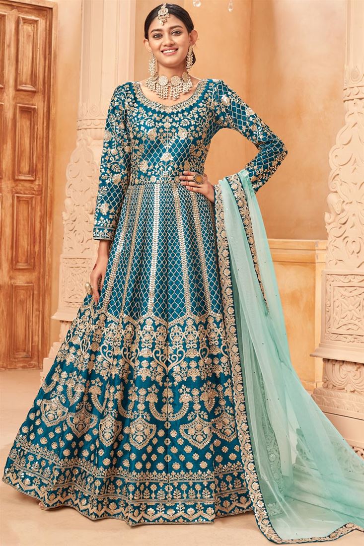 Cyan Color Glittering Art Silk Anarkali Suit