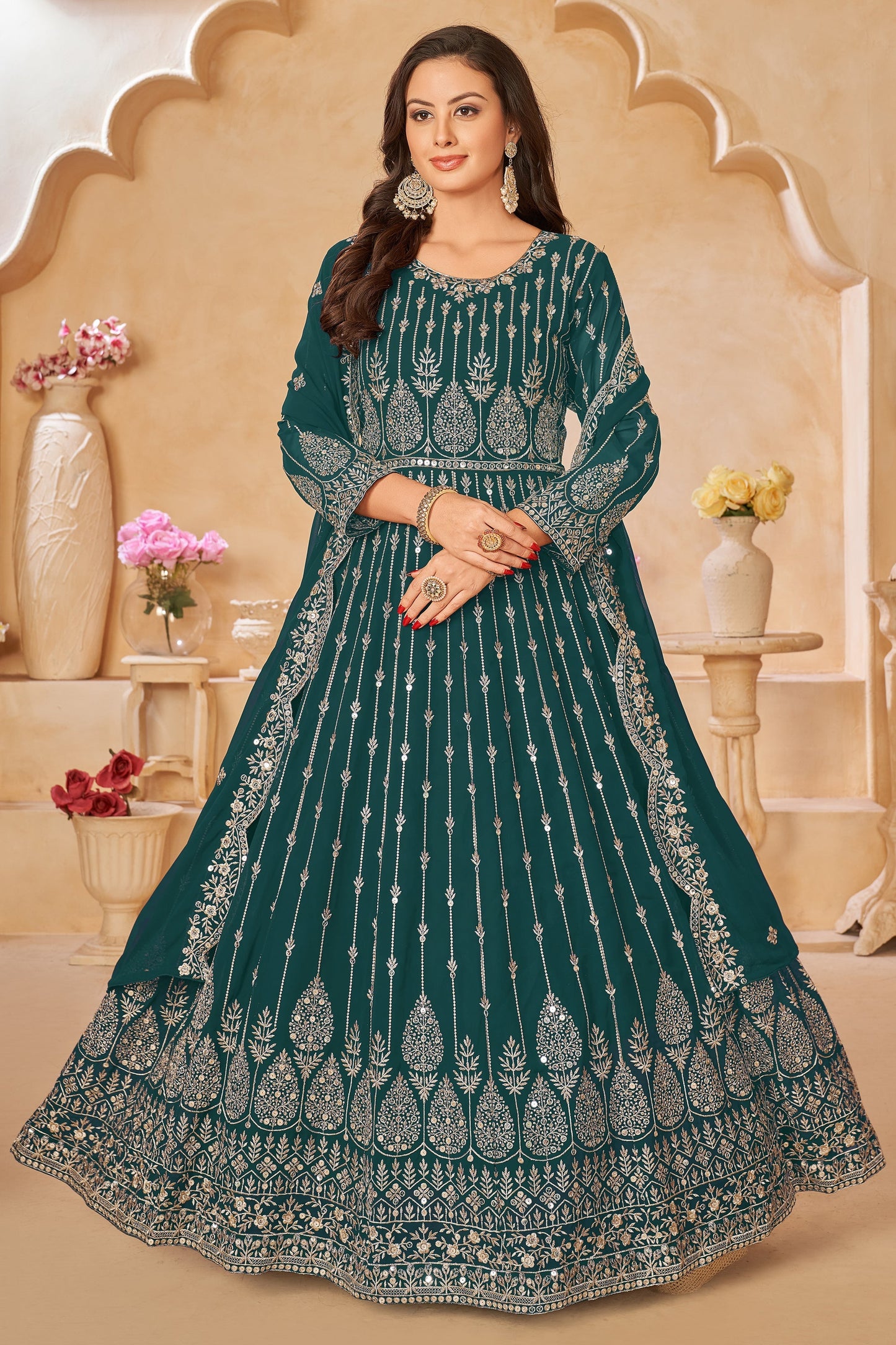 Georgette Fabric Embroidered Function Wear Long Anarkali Salwar Kameez In Teal Color