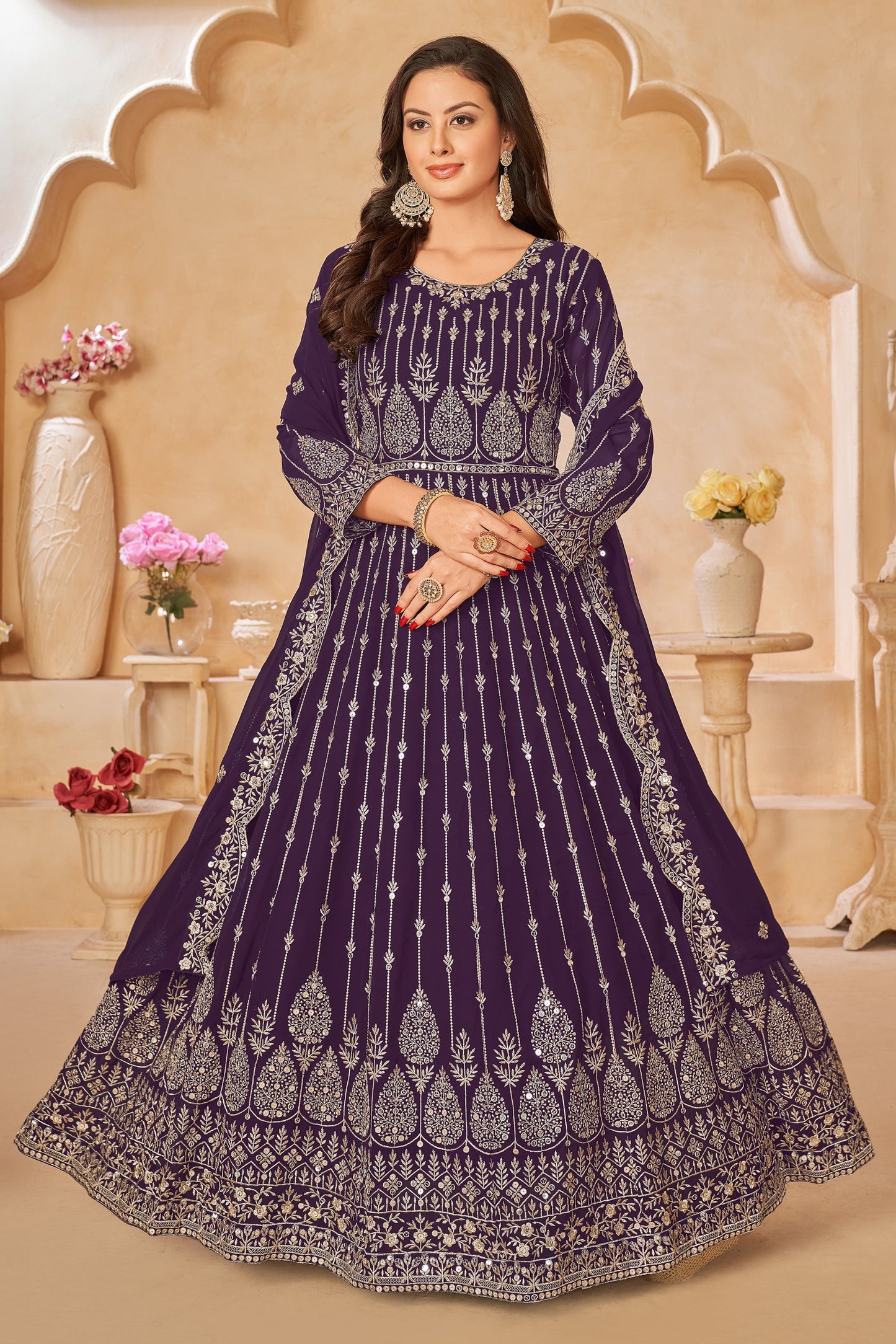 Purple Color Festive Wear Embroidered Long Anarkali Salwar Suit In Georgette Fabric