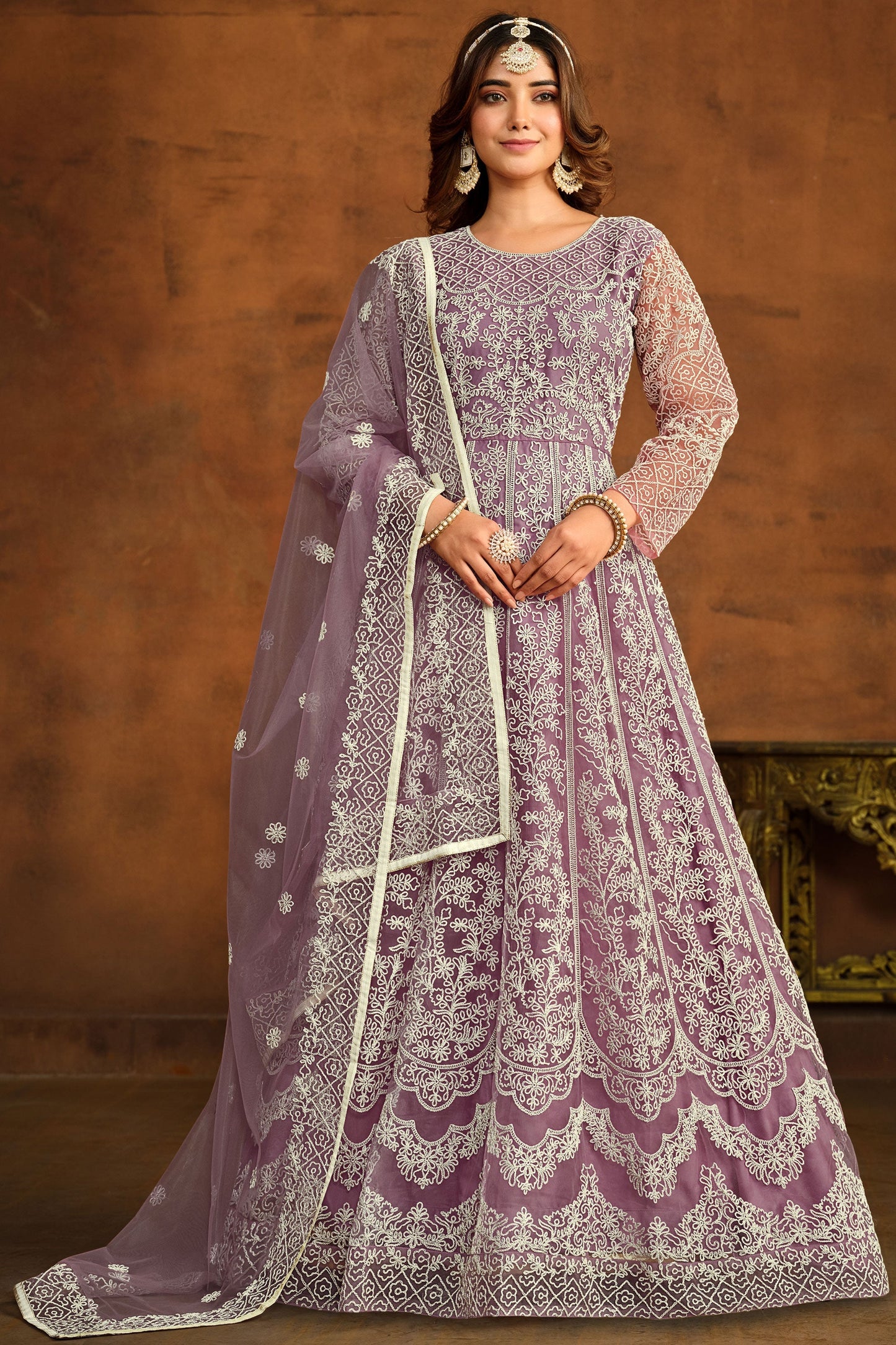 Lavender Color Festive Wear Embroidered Anarkali Salwar Suit In Net Fabric