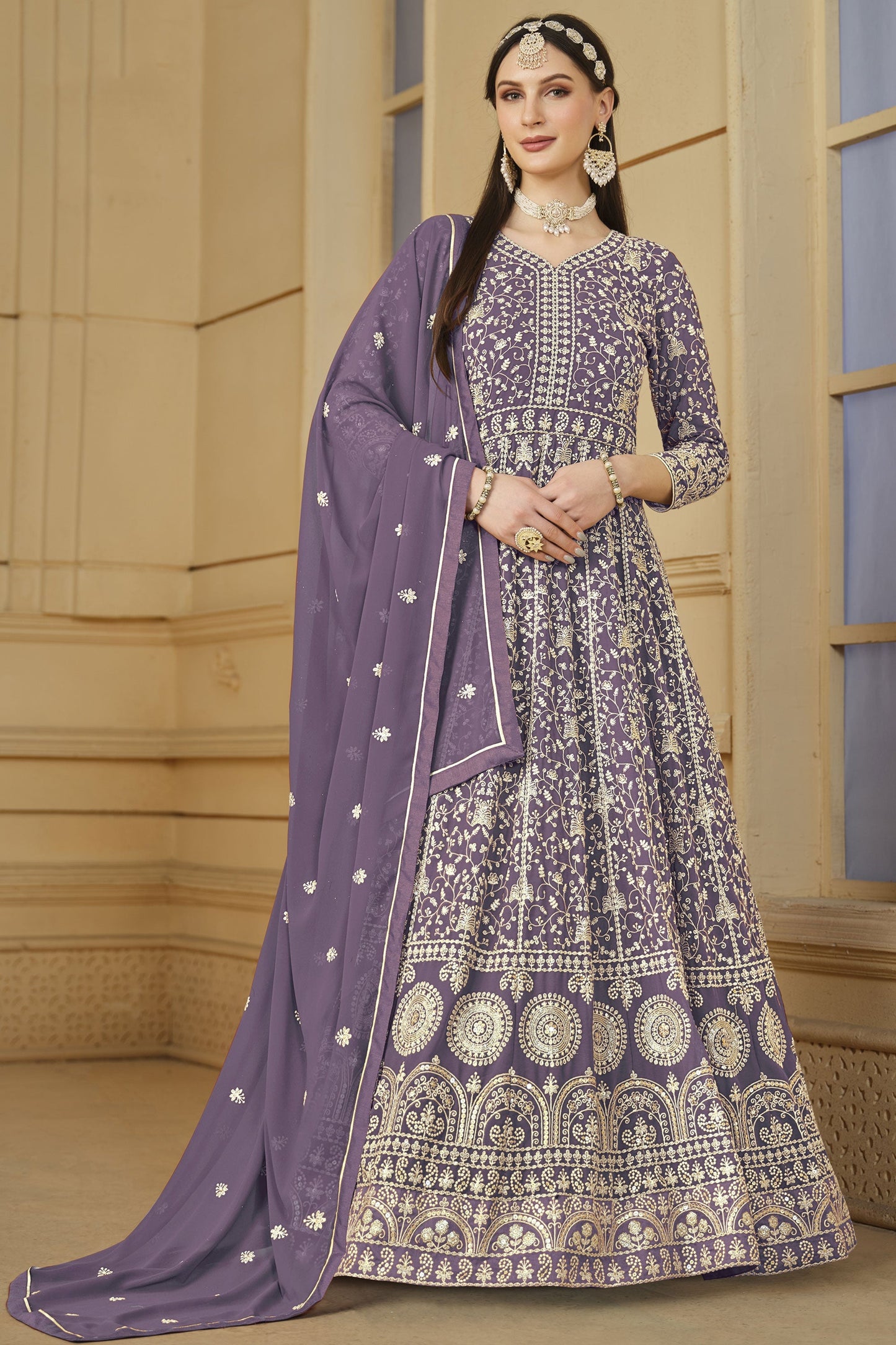Georgette Fabric Embroidered Function Wear Anarkali Salwar Suit In Lavender Color