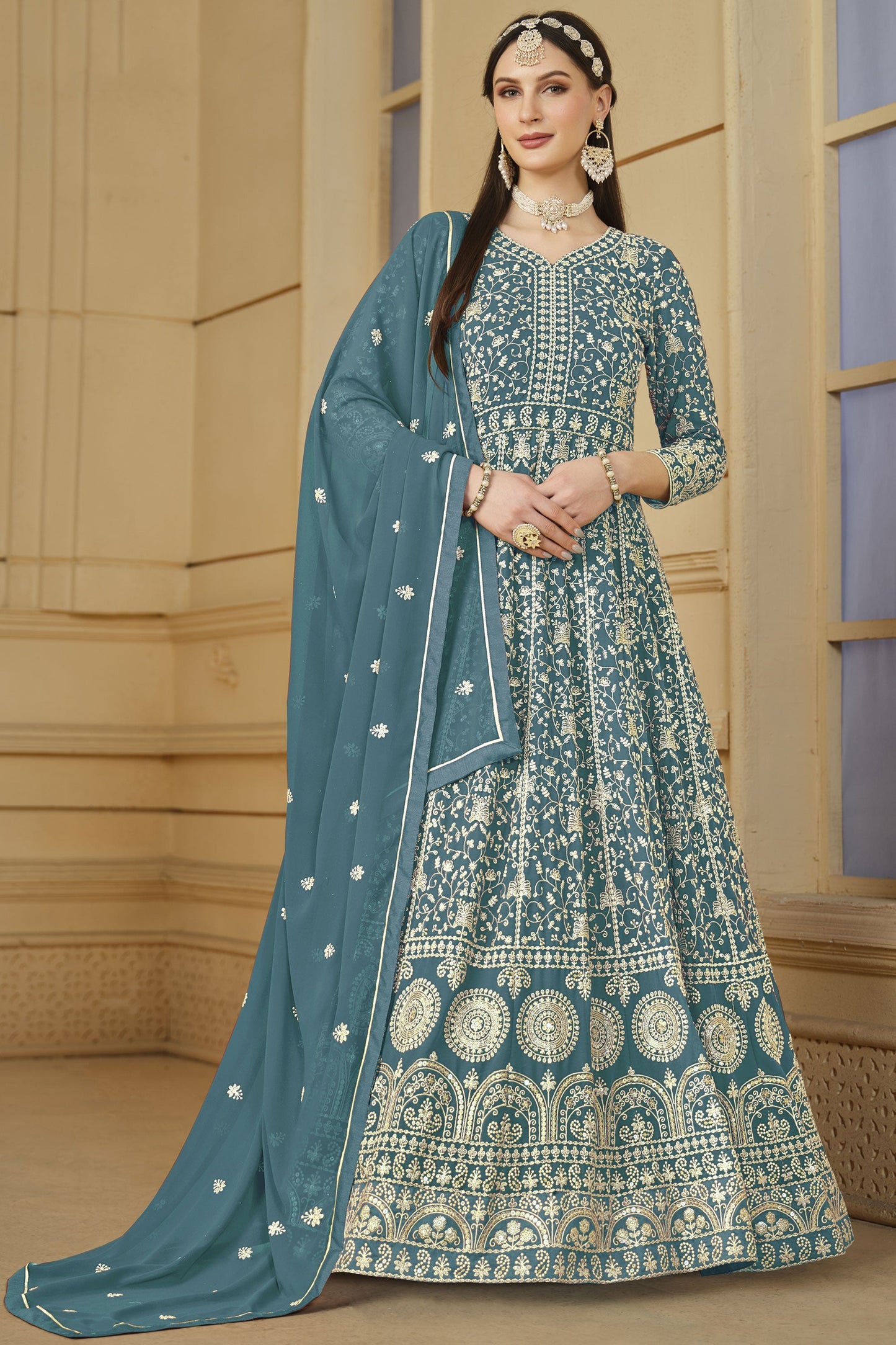 Function Wear Teal Color Embroidered Anarkali Suit In Georgette Fabric
