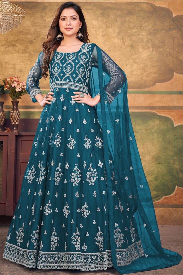 Teal Color Net Fabric Beatific Function Look Anarkali Suit