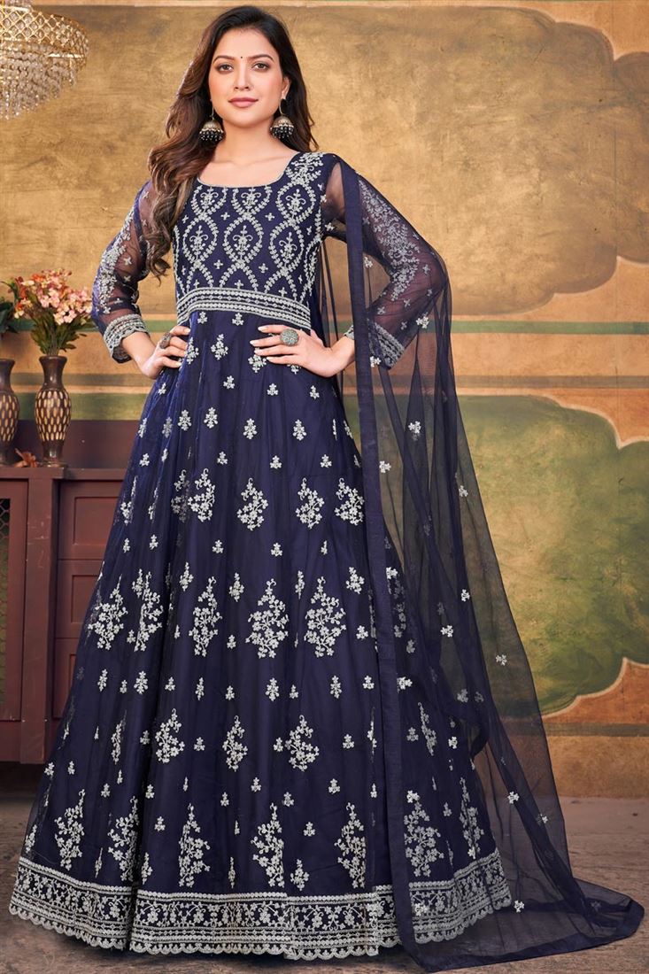 Incredible Net Fabric Navy Blue Color Function Look Anarkali Suit