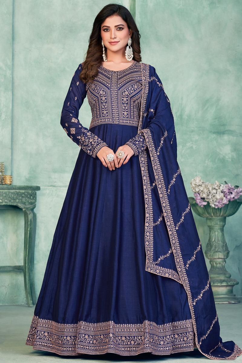 Party Wear Navy Blue Color Embroidered Long Anarkali Salwar Suit In Ar –  Desilook Lifestyle