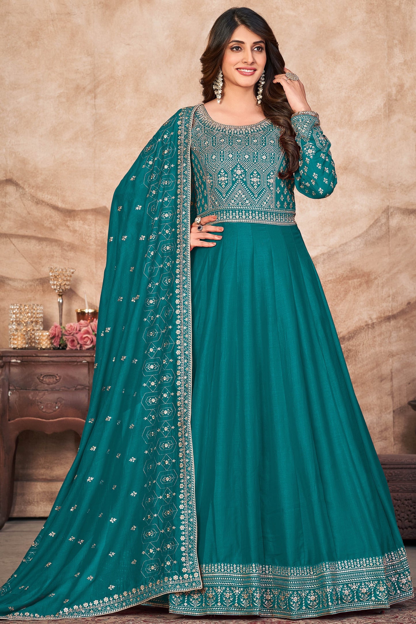 Function Wear Embroidered Art Silk Fabric Anarkali Salwar Kameez In Teal Color