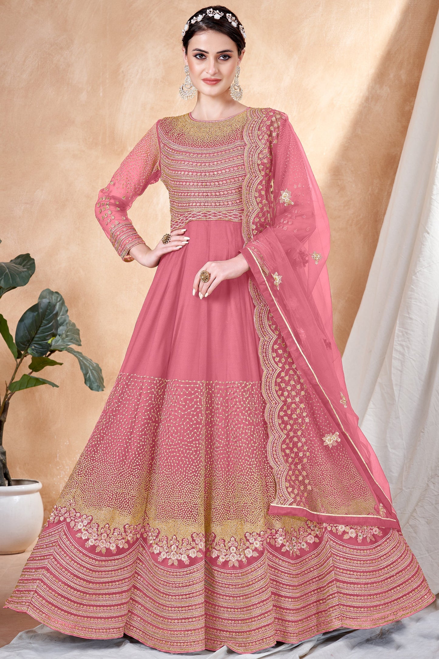 Net Fabric Embroidered Function Wear Anarkali Salwar Suit In Pink Color