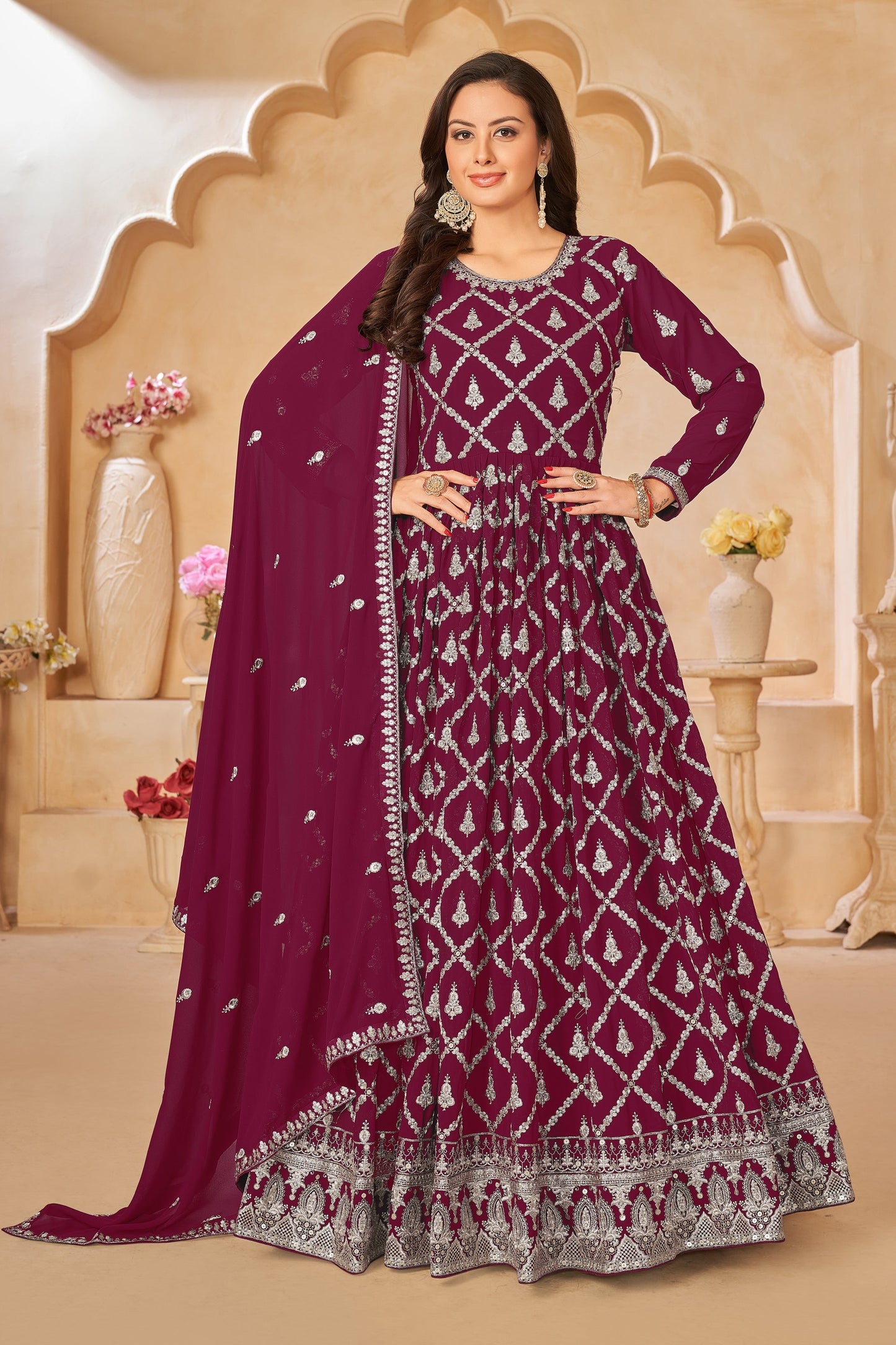 Wine Color Embroidered Long Anarkali Suit In Georgette Fabric