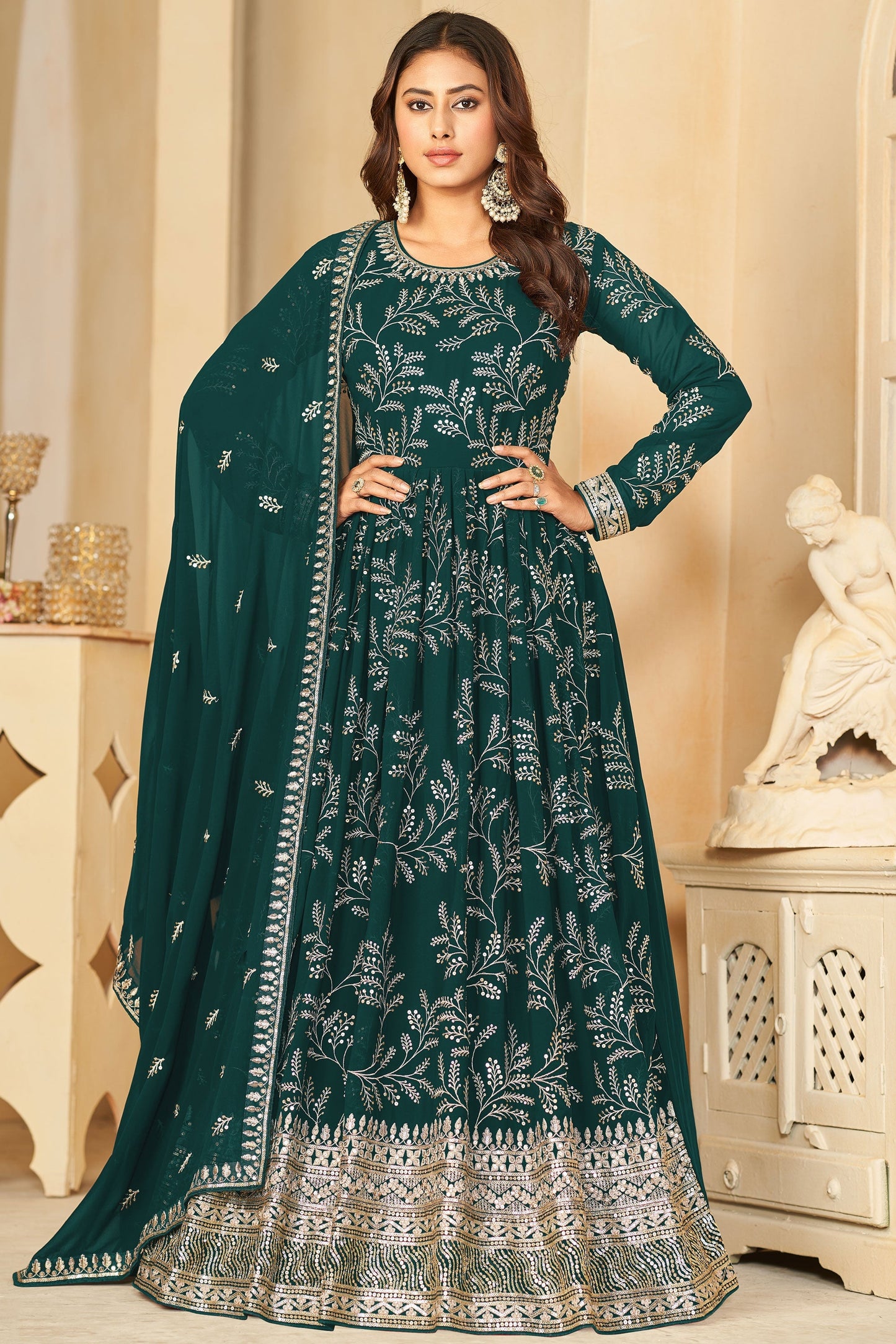 Fascinating Dark Green Color Georgette Fabric Embroidered Anarkali Suit