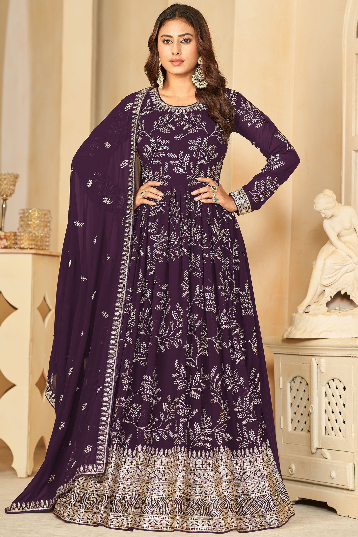 Dazzling Georgette Fabric Purple Color Embroidered Anarkali Suit