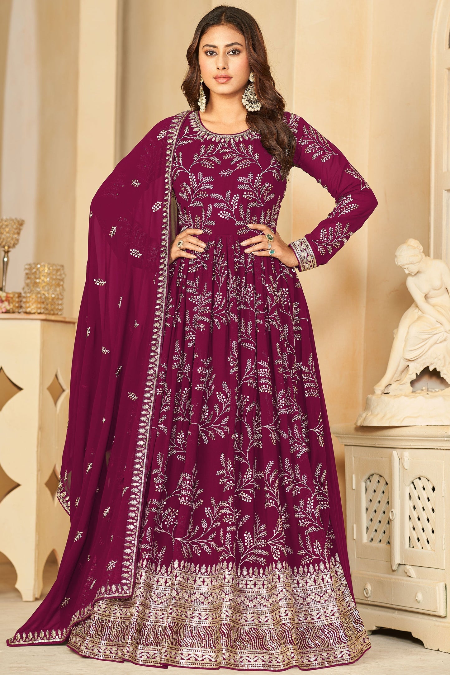 Georgette Fabric Burgundy Color Excellent Embroidered Anarkali Suit