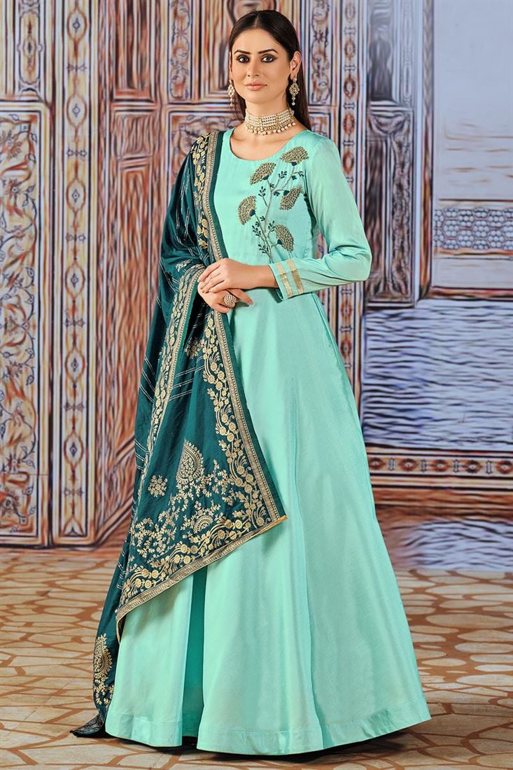 green emerald velvet dress Sea Green Color Art Silk Fabric Ravishing Savvy Suri Anarkali Suit With Contrast Dupatta