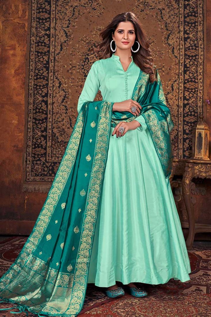 Dazzling Art Silk Fabric Sea Green Color Anarkali Suit With Contrast Dupatta Dazzling Art Silk Fabric Sea Green Color Anarkali Suit With Contrast Dupatta
